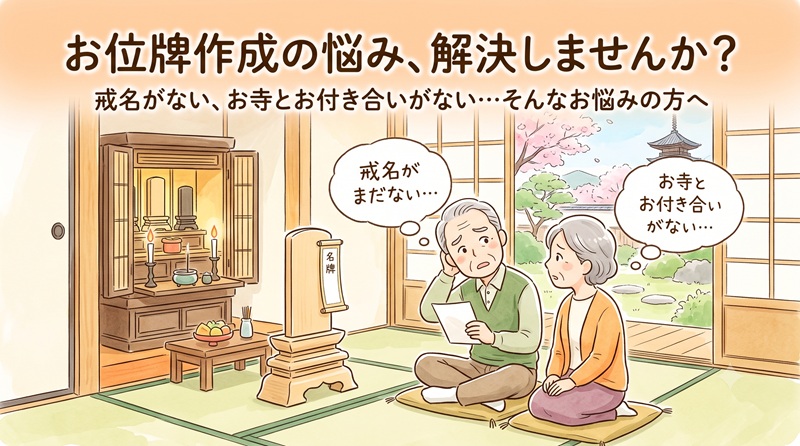 「お位牌を作りたいけれど、戒名がまだない」 「お寺とのお付き合いがなく、どう進めればいいかわからない」 そんなお悩みはありませんか？