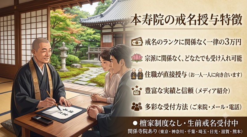 戒名をお授けしている本寿院の特徴1,戒名のランクに関係なく一律の3万円 2,宗派に関係なく、どなたでも受け入れ可能(宗派不問) 3,住職が直接授与(機械的ではなくお一人一人に向き合います) 4,豊富な実績と信頼(NHKやメディア紹介) 5,多彩な受付方法(ご来院・メール・電話) *歴史あるお寺ですが、檀家制度はございません。 関係寺院は、(東京・神奈川・千葉・埼玉・日光・滋賀・熊本)にあり、お寺で法要も出来ます *生前戒名も受付しています。