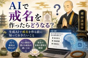 AIで戒名を作る方法と戒名の意味を解説するイラスト