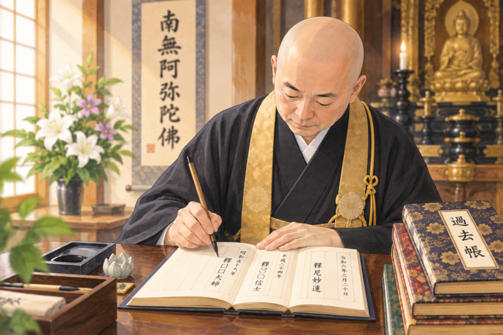 住職が過去帳に記入します