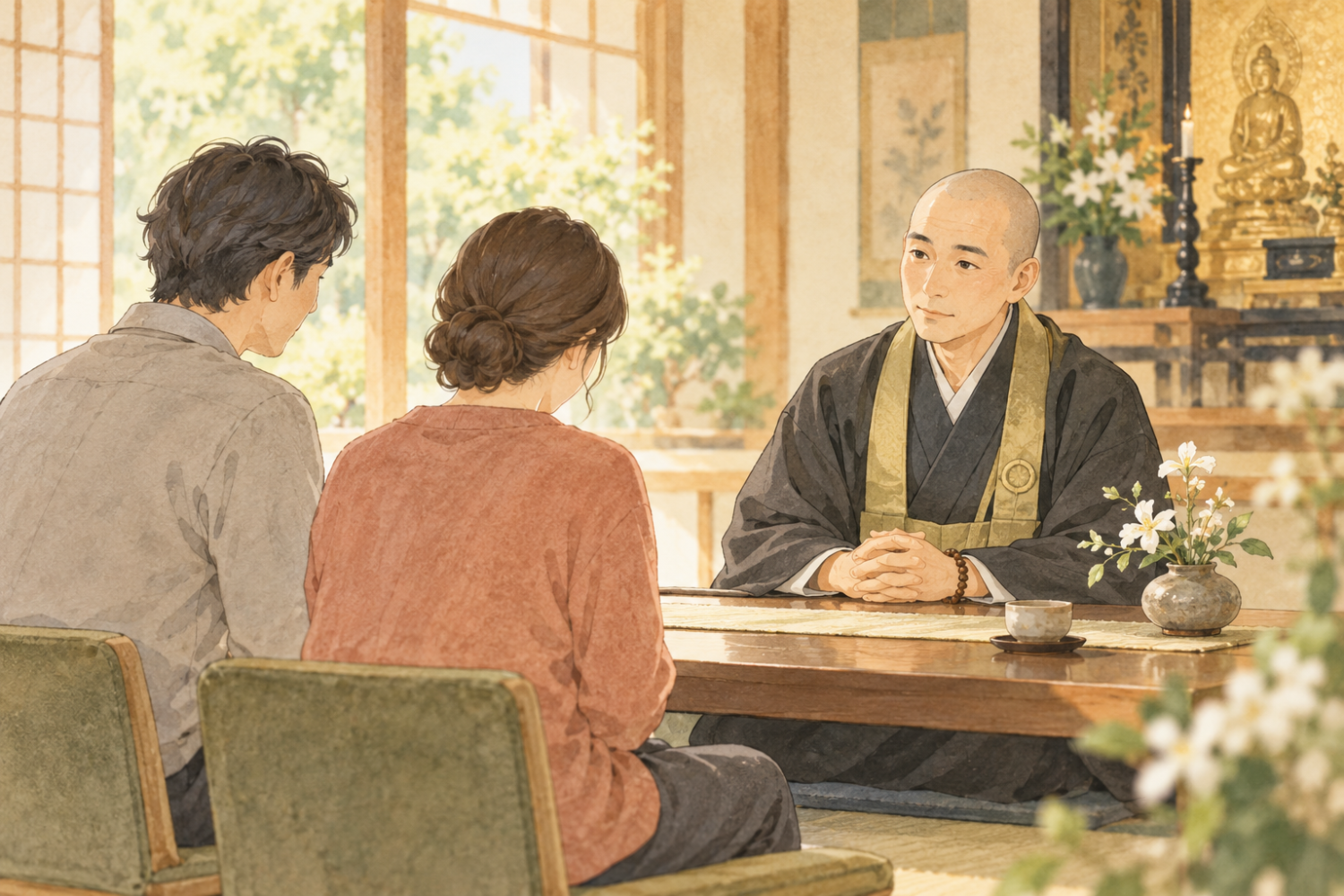 僧侶がご家族の話を丁寧に伺う、戒名相談のオリジナルイラスト
