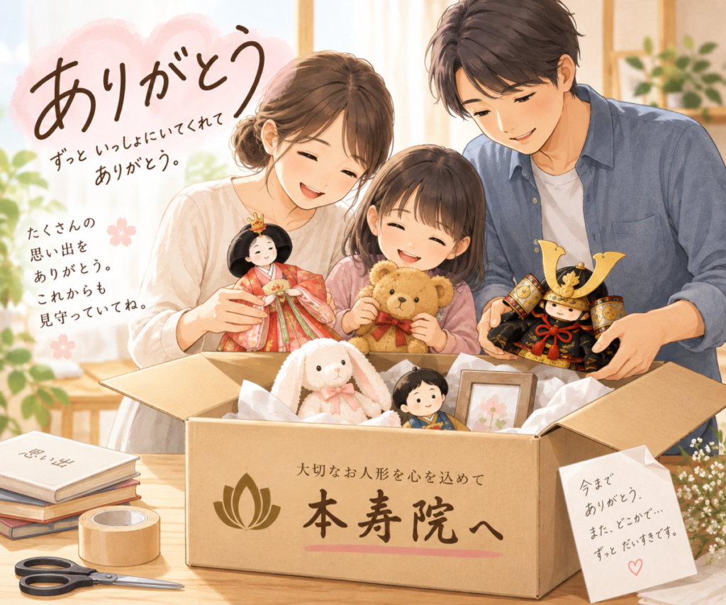 家族で大切な雛人形や五月人形、ぬいぐるみを「ありがとう」と感謝して箱に納める人形供養のイラスト